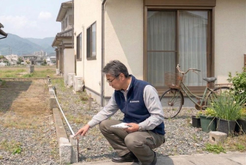 敷地の境界杭を確認するスタッフ