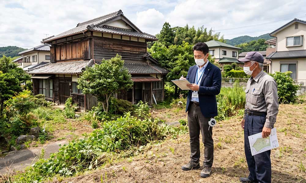古家付きの土地で所有者と図面を見ながら現地を確認する担当者