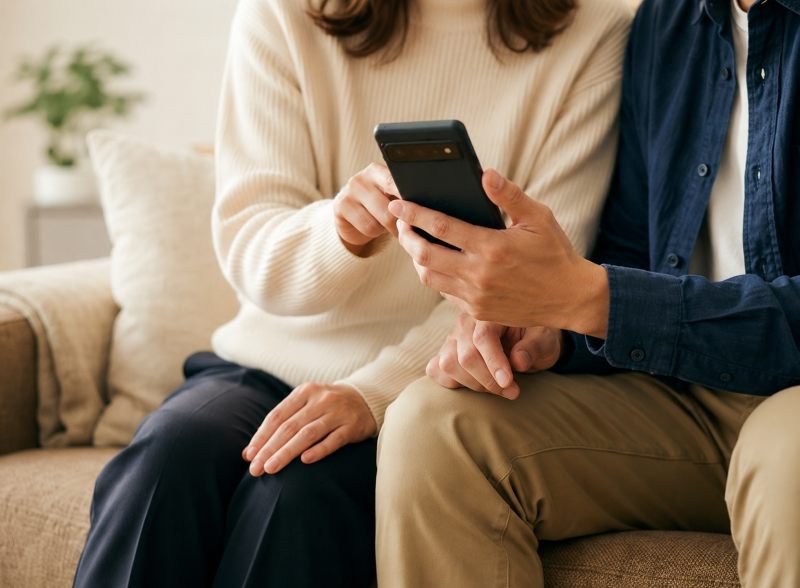 スマートフォンでAI不動産査定の結果を確認するご夫婦