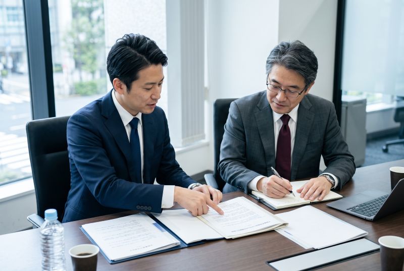 提携の専門家と書類を確認しながら打ち合わせをする担当者