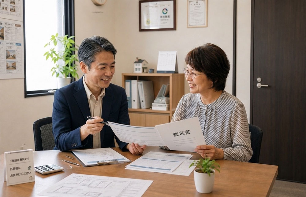 店内で相続した戸建ての査定書を説明する担当者